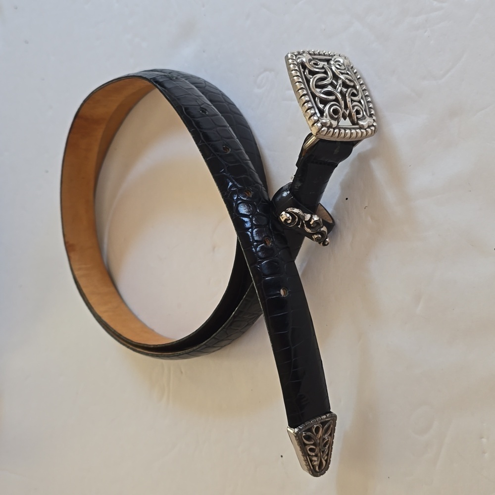 Vintage Mens Black full grain leather Belt W/ Silver Sroll detail Sz.XL/2XL